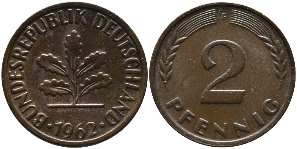 ФРГ 2 пфеннига 1962 F KM 106, J.381 бронза 99-126