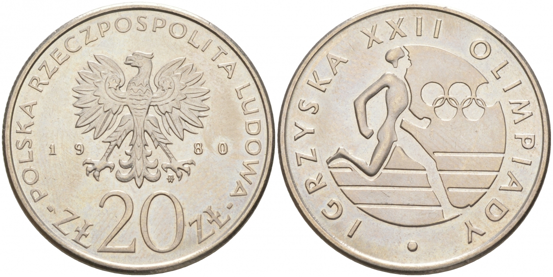 Польша 20 злотых 1980 MW, XXII летние Олимпийские Игры, Москва 1980, бегун KM 108, Parchimowicz 252 медно-никель UNC 73-442