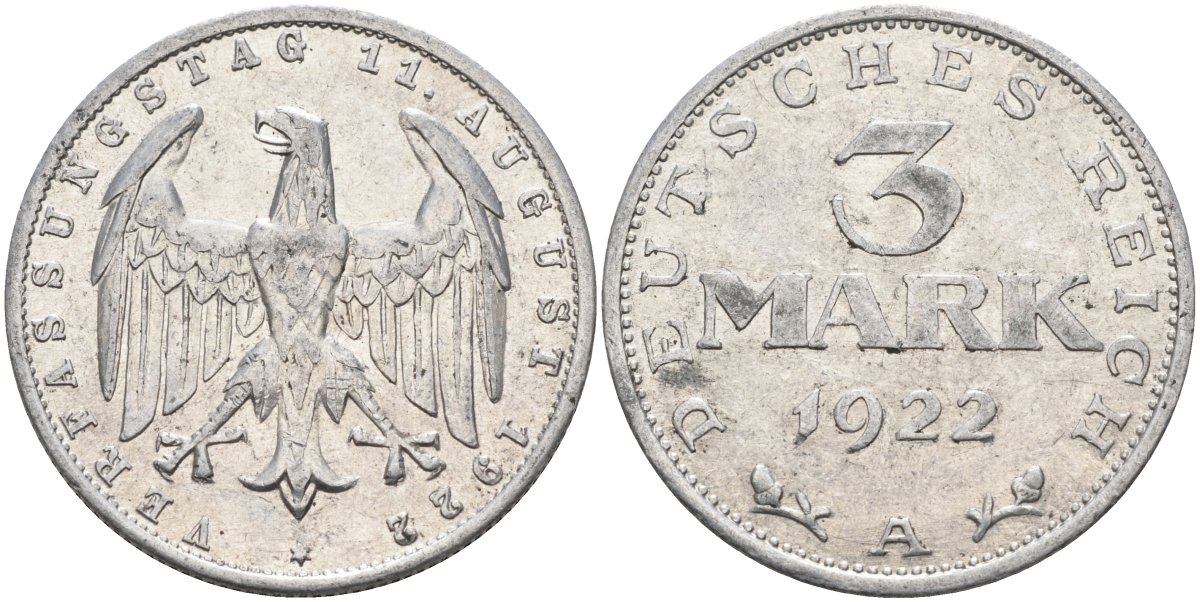 Германия 3 марки 1922 A, третья годовщина Веймарской Конституции KM 29, J.303 алюминий 4587-334