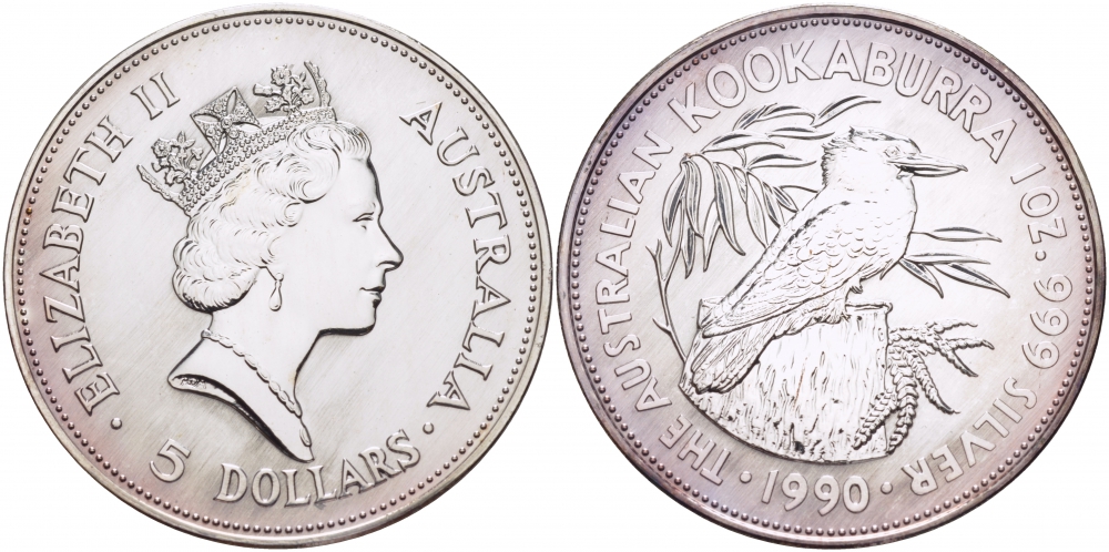 Австралия 5 долларов 1990 кукабара, 1 унция KM 189 серебро UNC 11-154-23