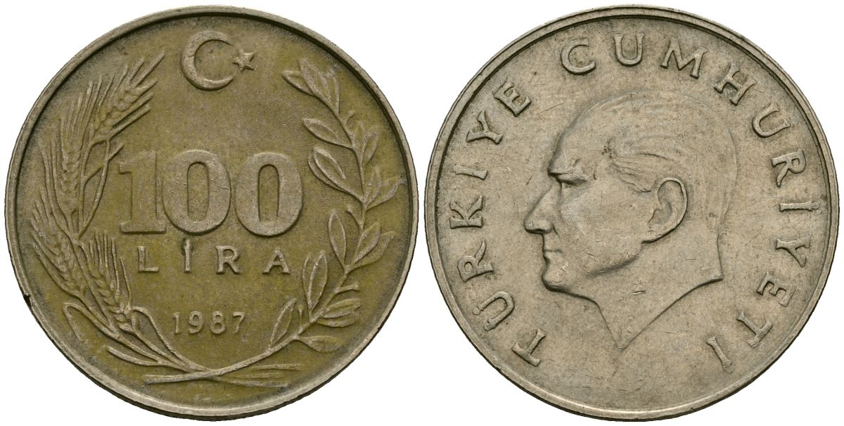 Турция 100 лир 1987 KM 967 медь цинк никель 115-633