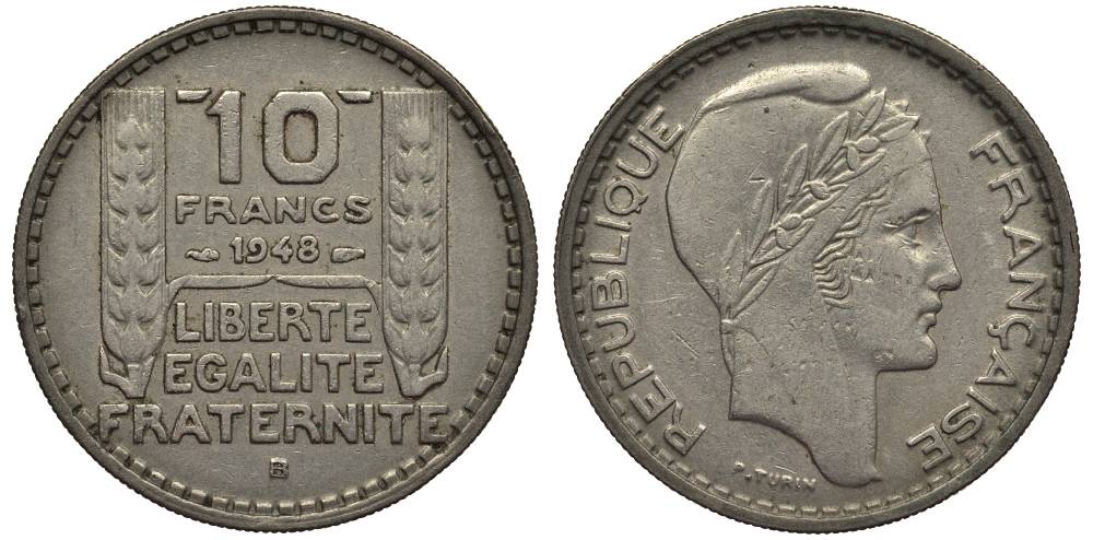 Франция 10 франков 1948 В, тип Пьер Турин KM 909.2, Le Franc 362.4 медно-никель 27-831