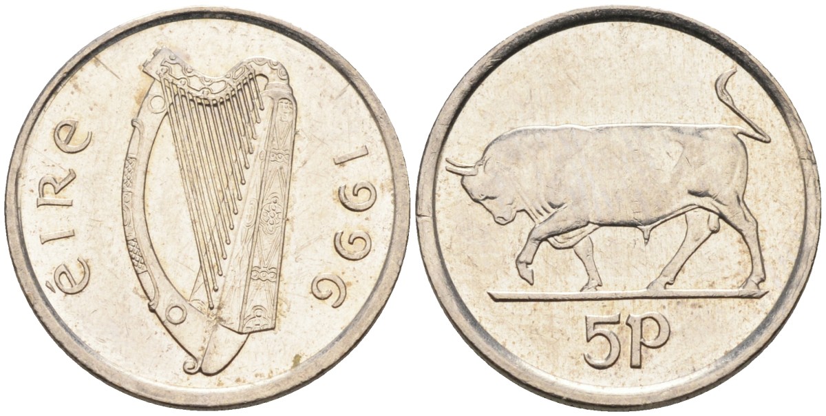 Ирландия 5 пенсов 1996 бык KM 28 медно-никель UNC 4580-937