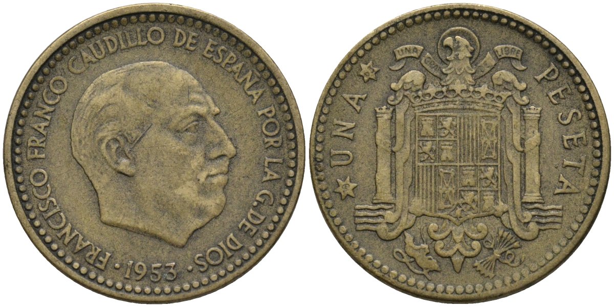 Испания 1 песета 1953 (63) Франсиско Франко (1939-1975) KM 775 алюминиевая бронза 4171-441