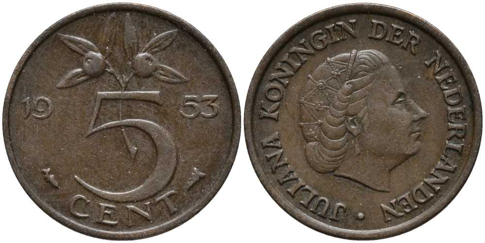 Нидерланды 5 центов 1953 Юлиана (1948-1980) KM 181 бронза 113-655