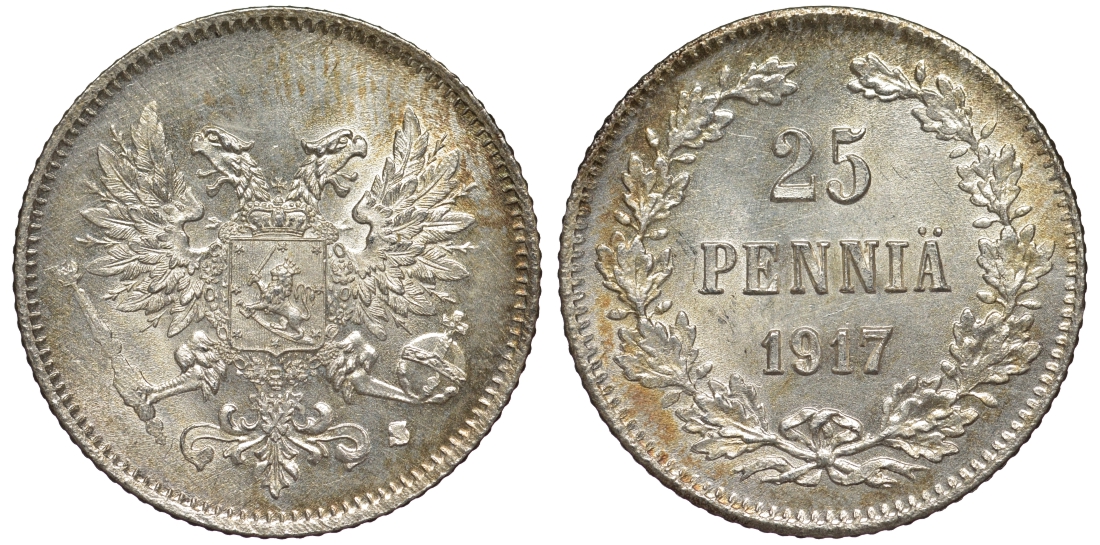 Россия для Финляндии 25 пенни 1917 S, временное правительство, без короны KM 19, Биткин 2 серебро 75-1511