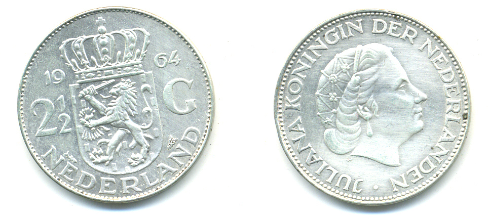 Нидерланды 2 1/2 гульдена 1964 Юлиана (1948-1980) KM 185 серебро 83-633