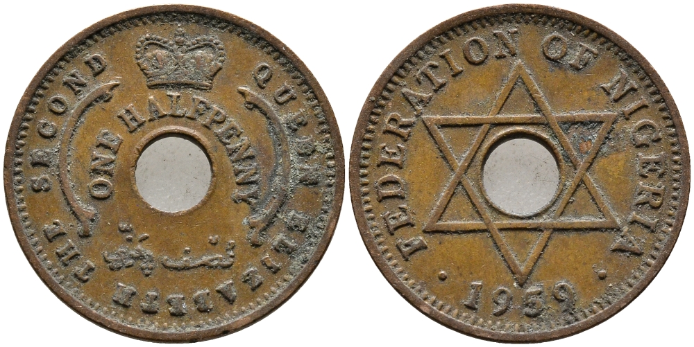 Нигерия 1/2 пенни 1959 Елизавета II (1952-), Британский протекторат KM 1 бронза 4387-227