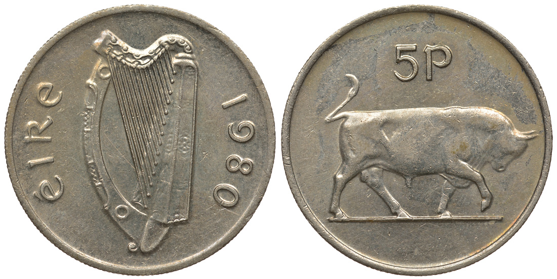 ИРЛАНДИЯ 5 ПЕНСОВ 1980 БЫК KM 22 медно-никель 51-514