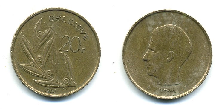 Бельгия 20 франков 1980 Belgique, Бодуэн I (1951-1993) KM 159 никель бронза 25-1632