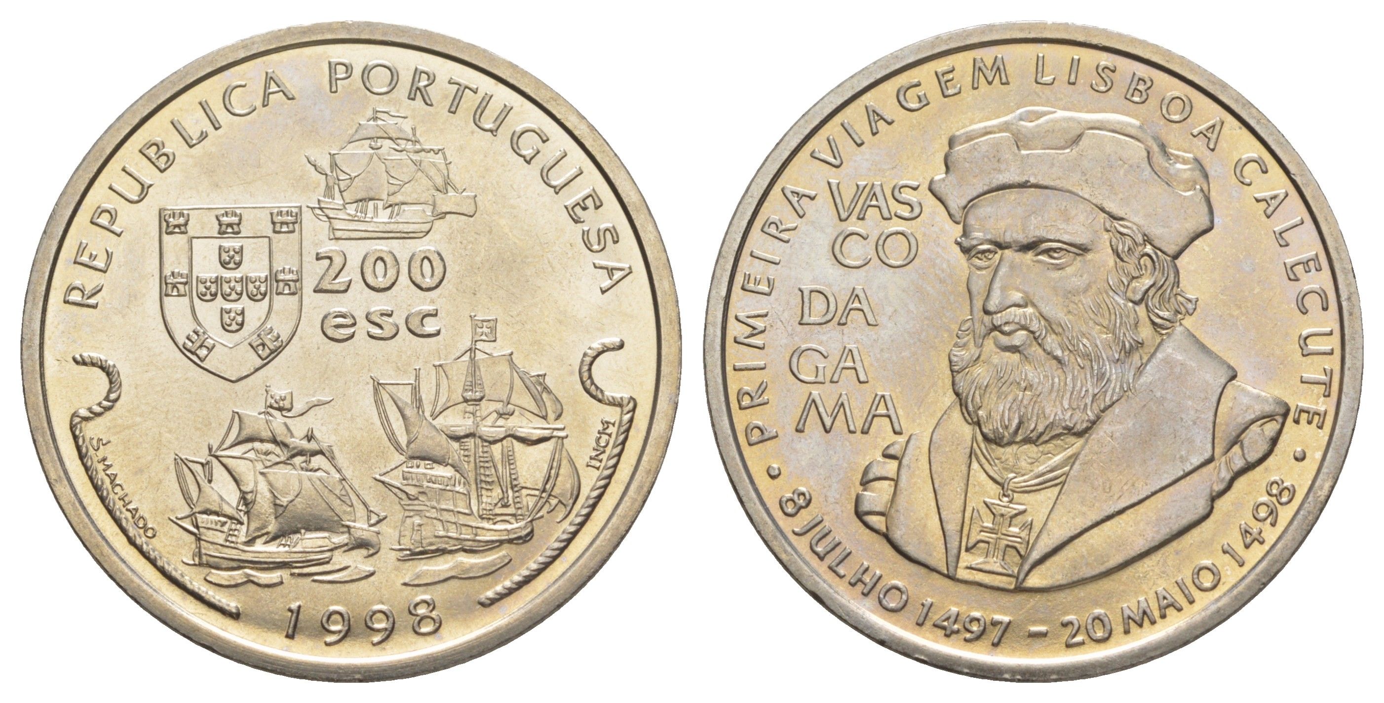 Португалия 200 эскудо 1998 Путешествие Васко да Гамы в Индию 1498 года - Васко да Гама KM 709 медно-никель UNC 4677-332
