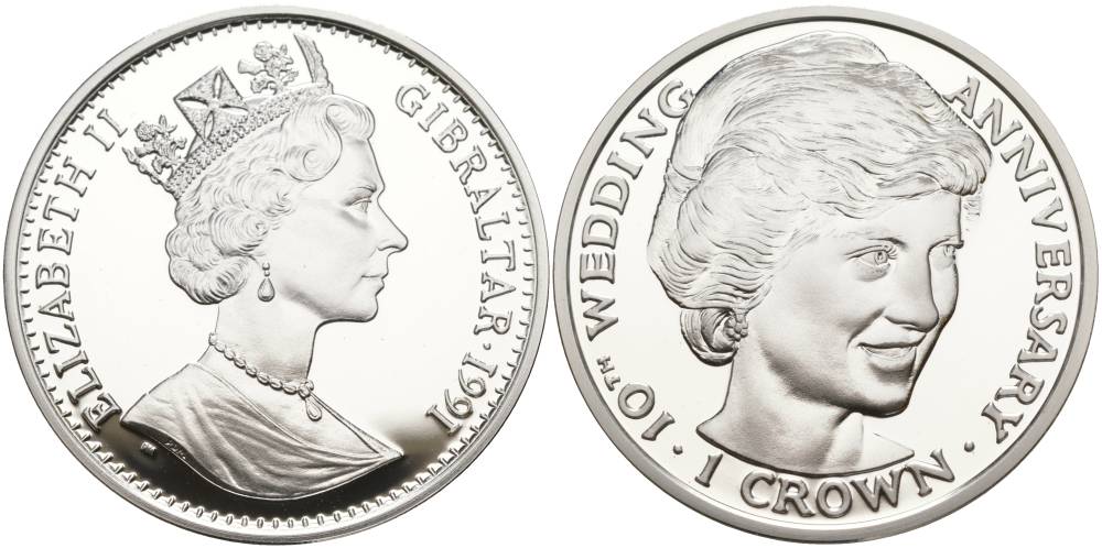 Гибралтар 1 крона 1991 10 лет королевской свадьбы, принцесса Диана, в оригинальной коробке, с сертификатом KM 85а серебро PROOF 3-4-3-34