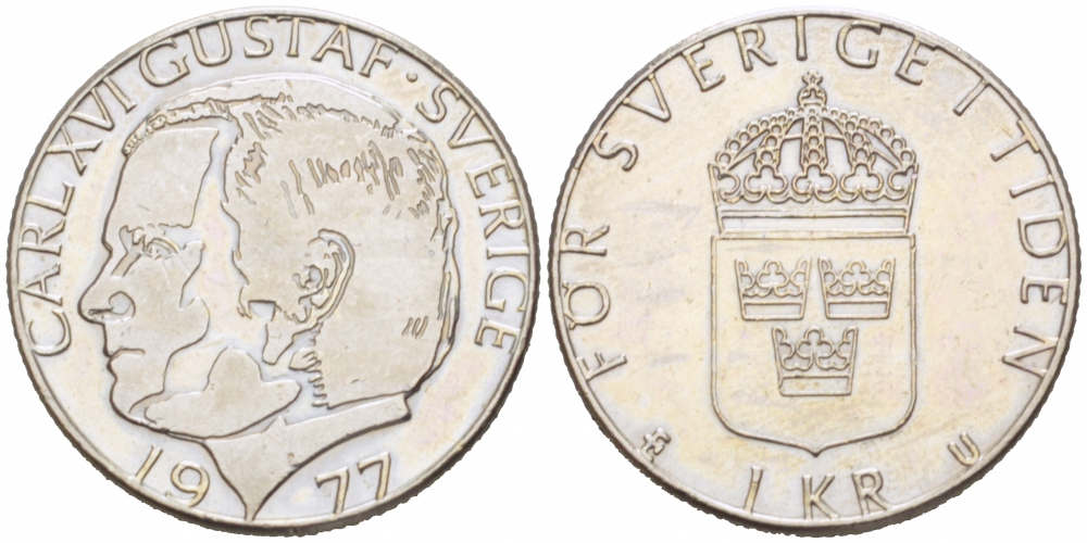 Швеция 1 крона 1977 Карл XVI Густав (1973- ) KM 852 медь плакированная медно-никелем 77-637