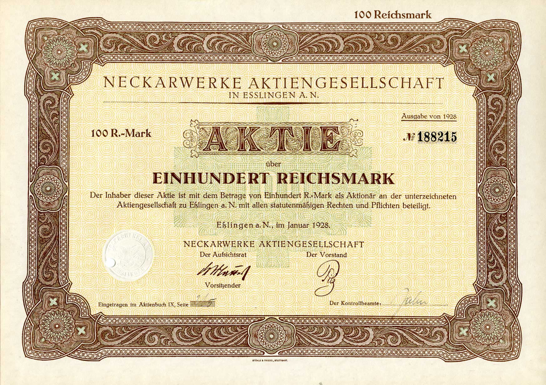 Германия 100 рейхсмарок 1928 АО Неккарверке в Эсслингене, акция   бумага   8801-71-1