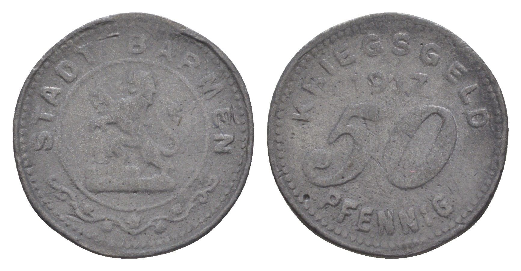 Бармен 50 пфеннигов 1917 Funck 30.2, Men05 1453.2, Men18 1851.2 цинк 4636-846