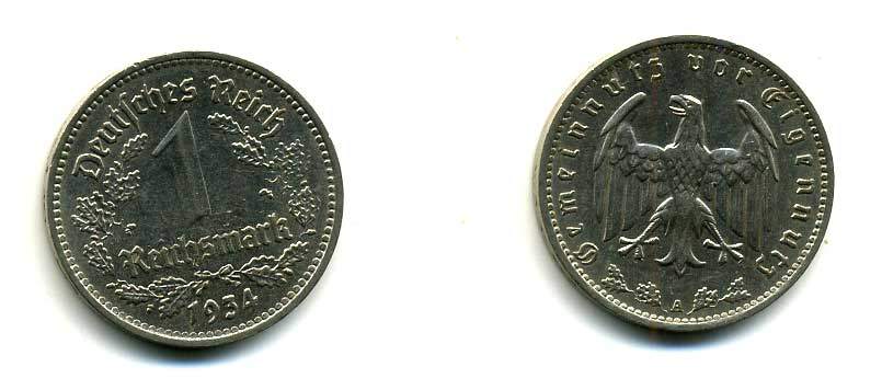 ГЕРМАНИЯ 1 РЕЙХСМАРКА 1934 A J. 354, KM 78 никель 179-924