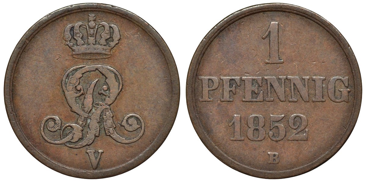 Ганновер 1 пфенниг 1852 B, Георг V, год тип KM 216, AKS 154, J. 82 медь 4594-269