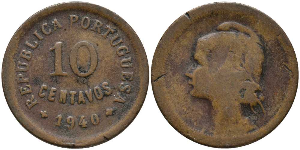 ПОРТУГАЛИЯ 10 СЕНТАВО 1940 РЕСПУБЛИКА, ГОЛОВА СВОБОДЫ ВЛЕВО КМ 573 бронза 202-327