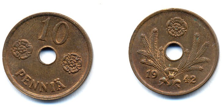 ФИНЛЯНДИЯ 10 ПЕННИ 1942 KM 33.1 медь 51-4967