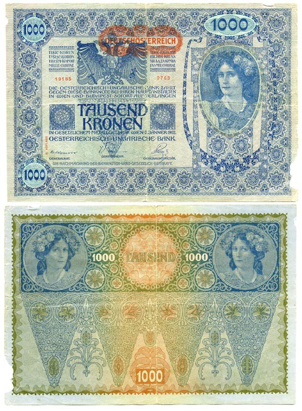 АВСТРИЯ 1000 КРОН 1919 КРАСНАЯ ГОРИЗОНТАЛЬНАЯ НАДПЕЧАТКА НА 1902 Pick 60 бумага 7146-55-2-2