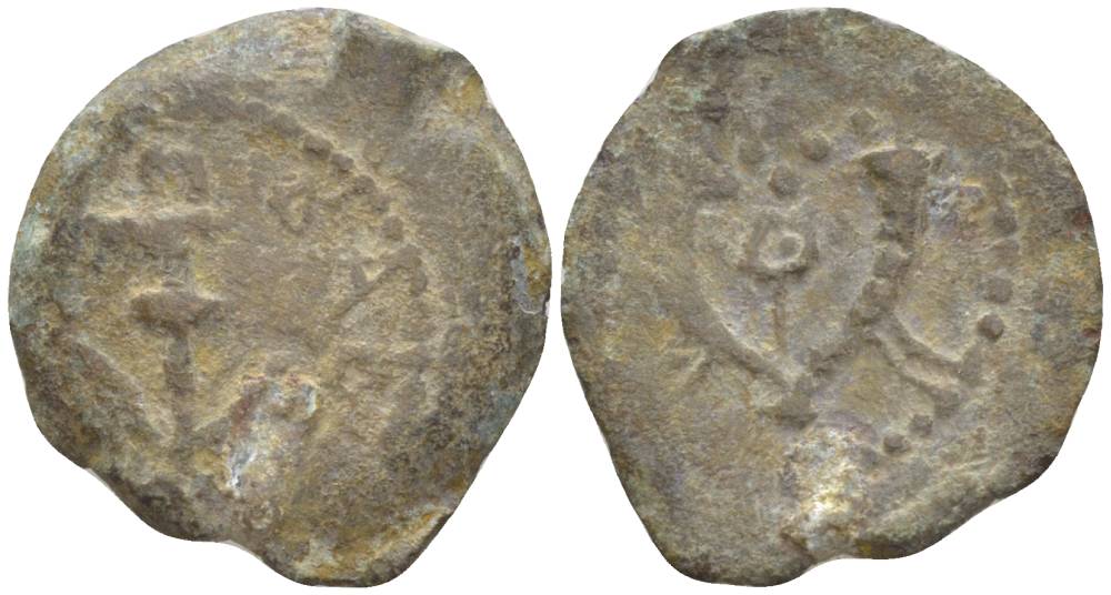 Иудея прута 40-4 гг. до н.э. Ирод I Великий, греческая легенда 'Царя Ирода', якорь / два рога изобилия, кадуцей, Иерусалим Hendin 1188 медь 1073-21-57