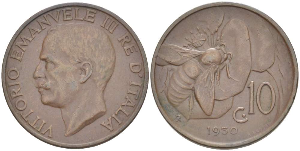 ИТАЛИЯ 10 ЧЕНТЕЗИМО 1930 R, МОНДВОР РИМ, ВИКТОР ЭММАНУИЛ III (1900-1946) KM 60 медь 4525-317