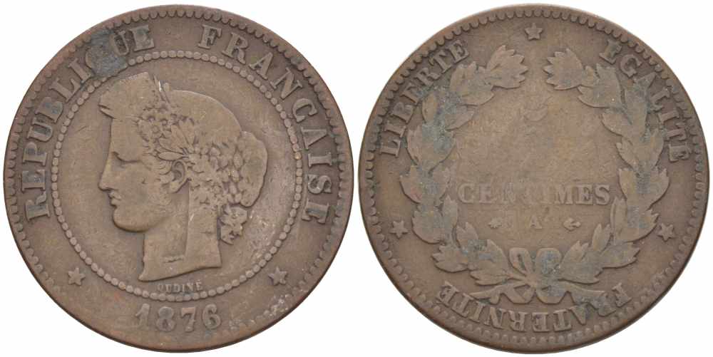ФРАНЦИЯ 5 САНТИМОВ 1876 А, ТРЕТЬЯ РЕСПУБЛИКА (1871-1940) KM 821.1, LE FRANC 118.14 бронза 108-621