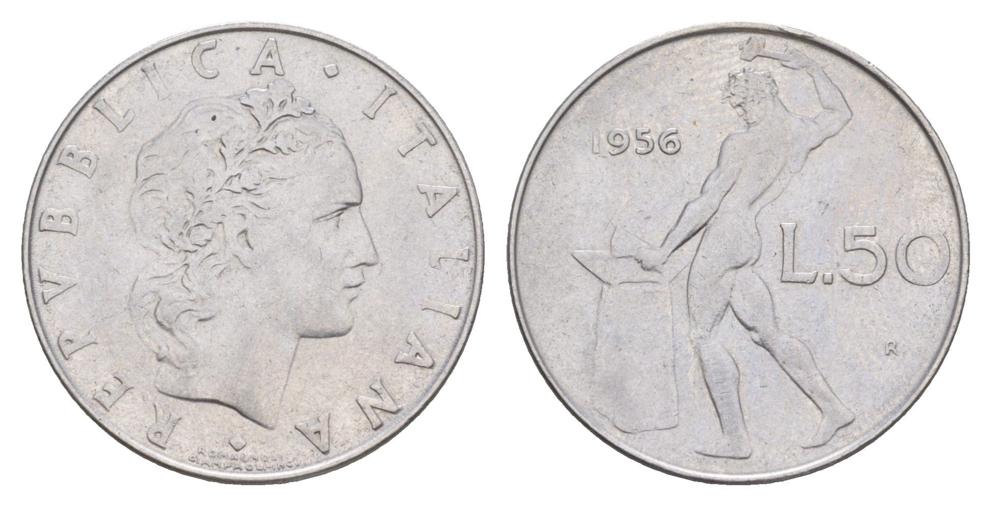 Италия 50 лир 1956 R, бог огня Вулкан у наковальни KM 95.1 нержавеющая сталь 4150-1112