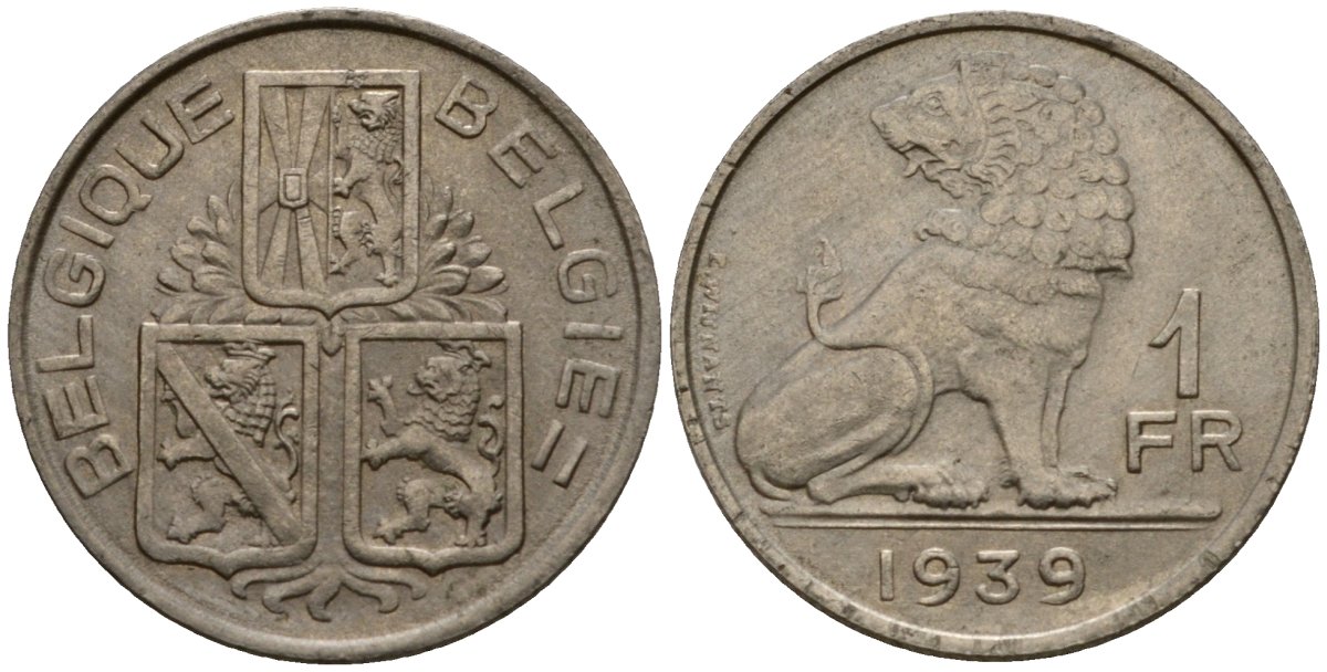 Бельгия 1 франк 1939 Belgique - Belgie KM 119 никель 4603-1237