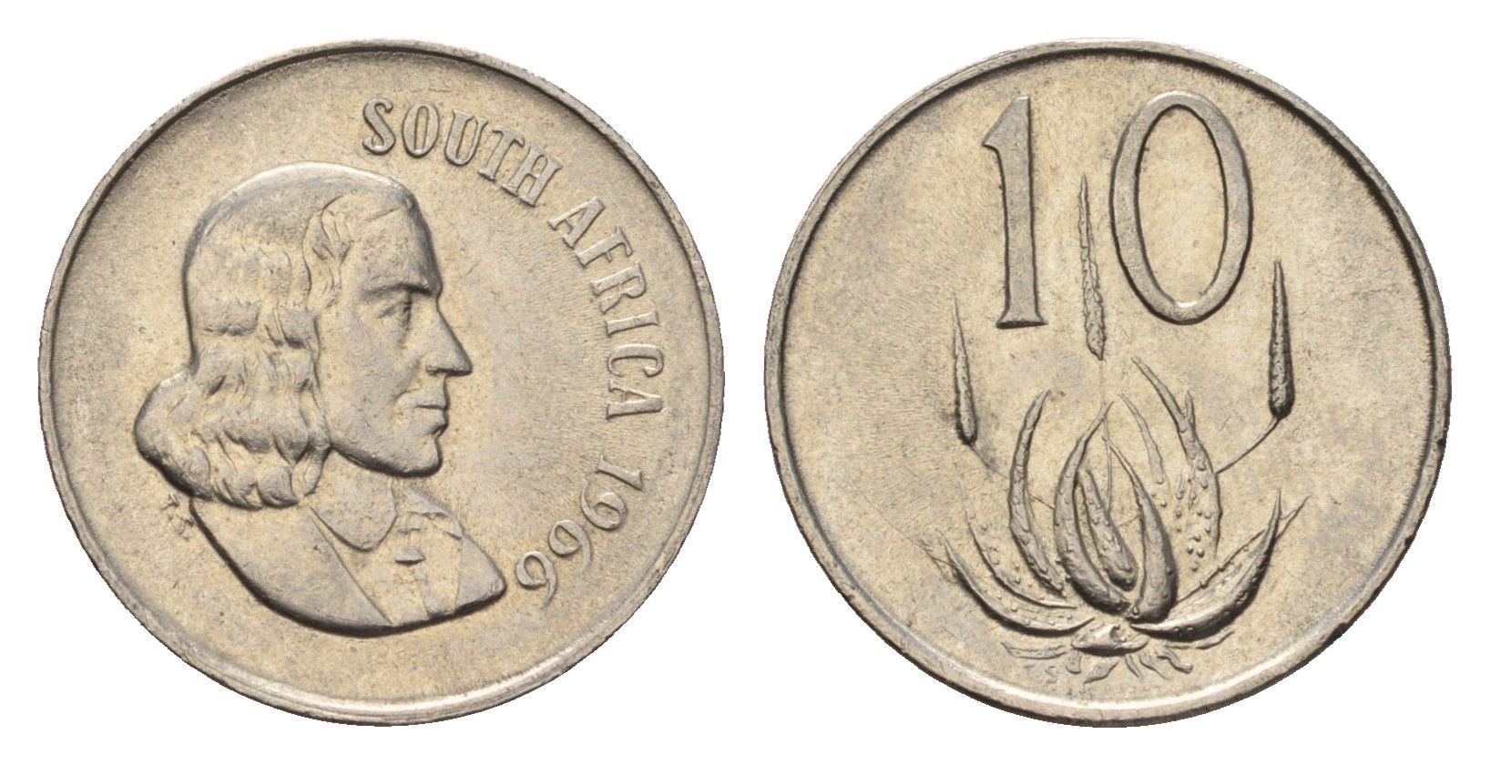 ЮАР 10 центов 1966 Ян ван Рибек (1619-1677), South Africa, легенда на африкаанс, цветок алоэ KM 68.1 никель 4687-327