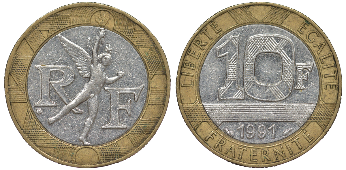 Франция 10 франков 1991 тип Гений Бастилии KM 964.1, Le Frank 375.6 биметалл 45-825