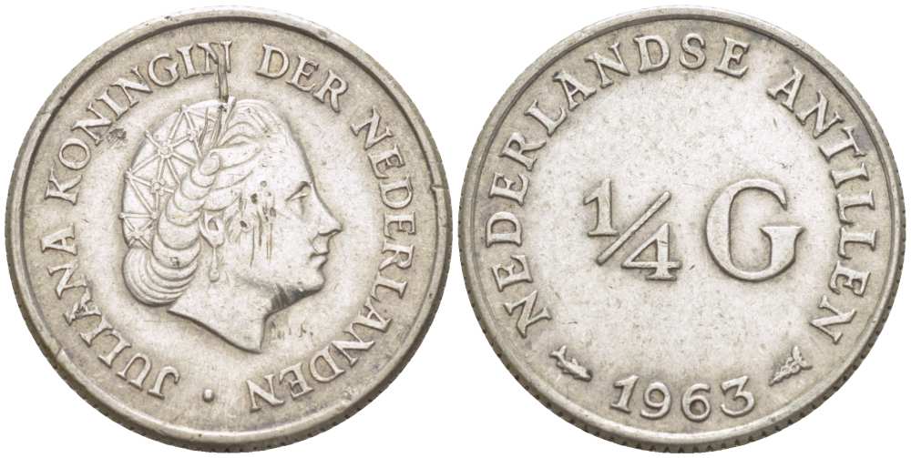 Нидерландские Антилы 1/4 гульдена 1963 Юлиана (1948-1980) KM 4 серебро 3309-364