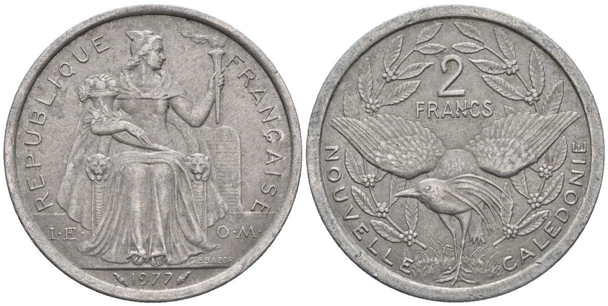 Французская Новая Каледония 2 франка 1977 птица кагу, (IEOM) KM 14, Schoen 11, Lec 58 алюминий    08-813