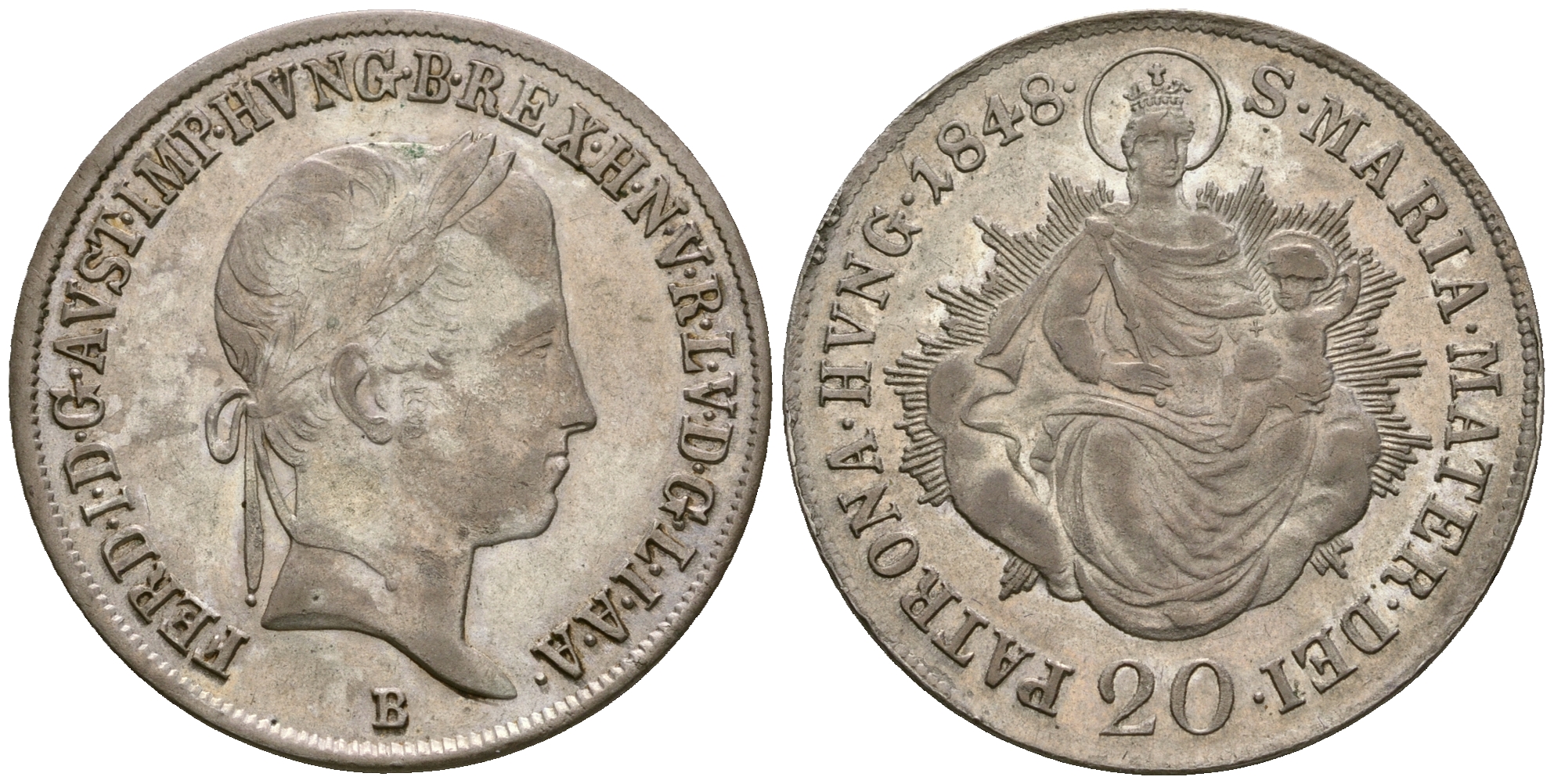 Венгрия 20 крейцеров 1848 B, Фердинанд I (1835-1848), мадонна с младенцем KM 422, Herinek 286, Jl. 250 серебро 413-5842