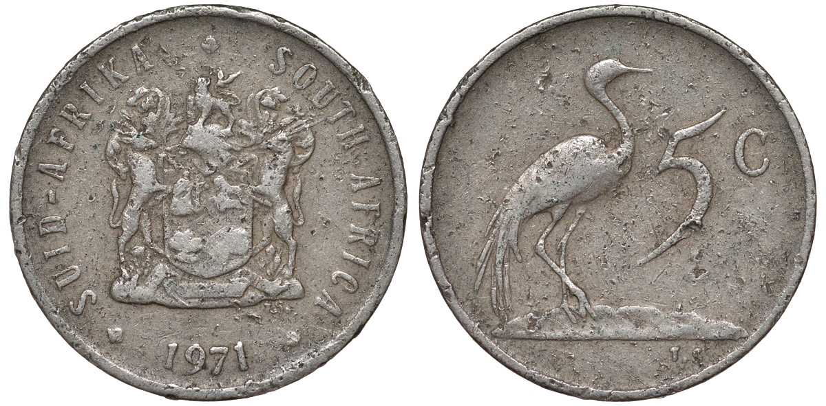 ЮАР 5 центов 1971 герб, райский журавль KM 84 никель 62-1156