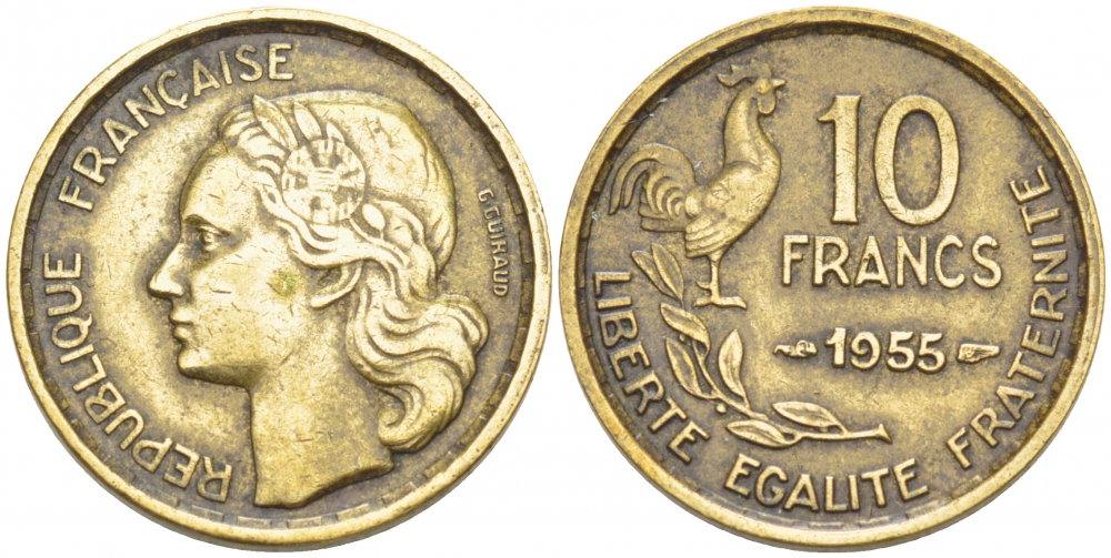 ФРАНЦИЯ 10 ФРАНКОВ 1955 KM 915.1 алюминиевая бронза 3955-642