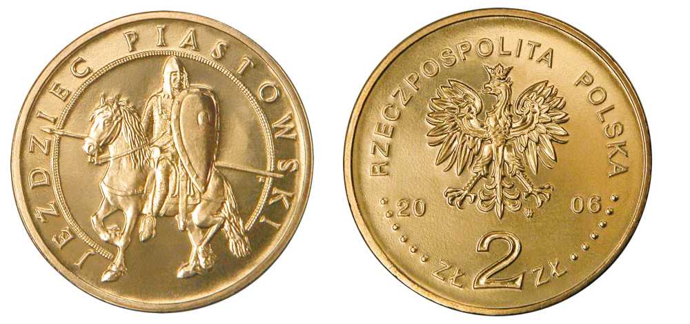 Польша 2 злотых 2006 MW, серия история Польской кавалерии, пястовский всадник KM 576 латунь UNC 603-1133