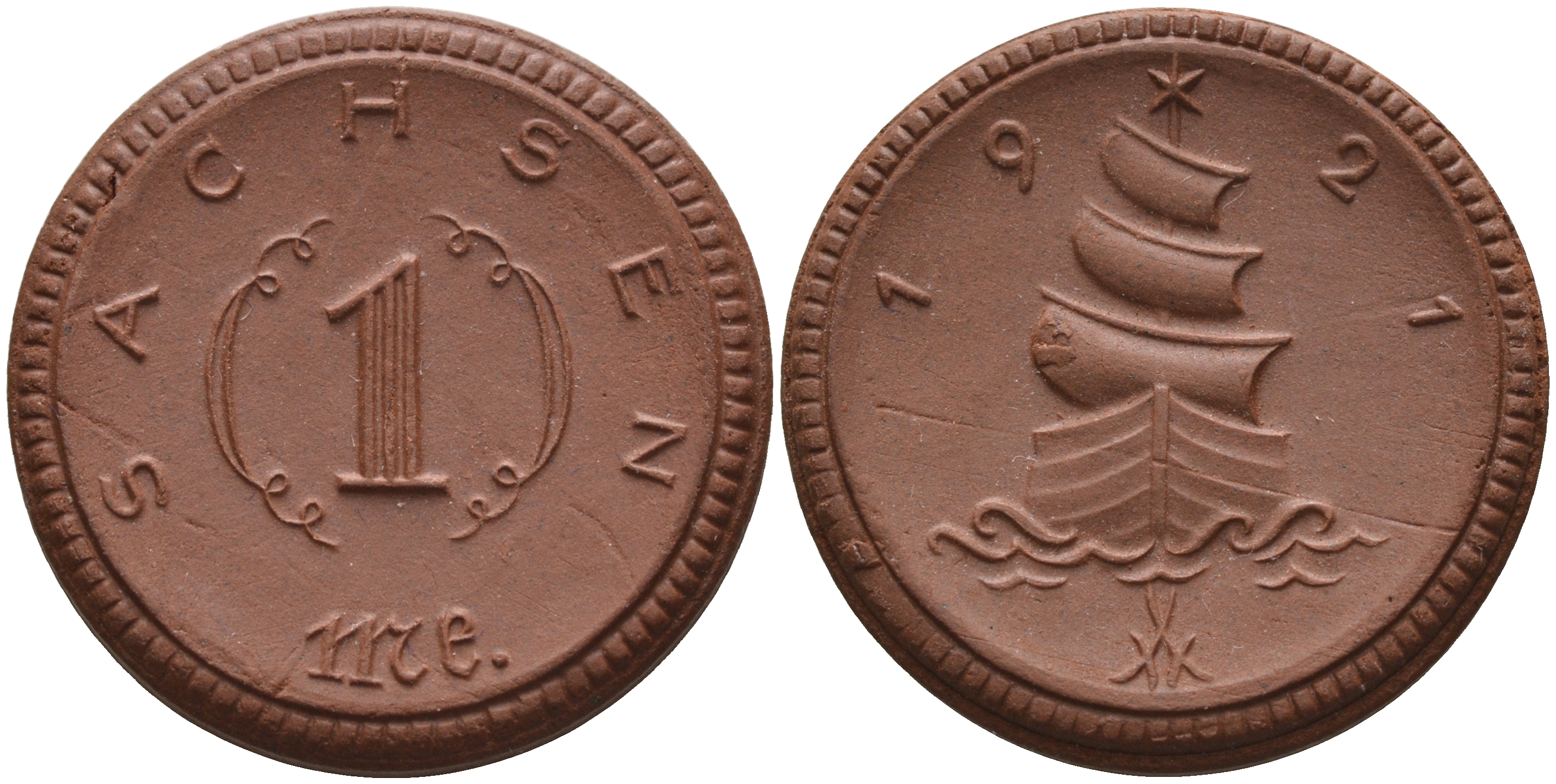 Саксония 1 марка 1921 парусник J. N 55 фарфор 1094-3-54