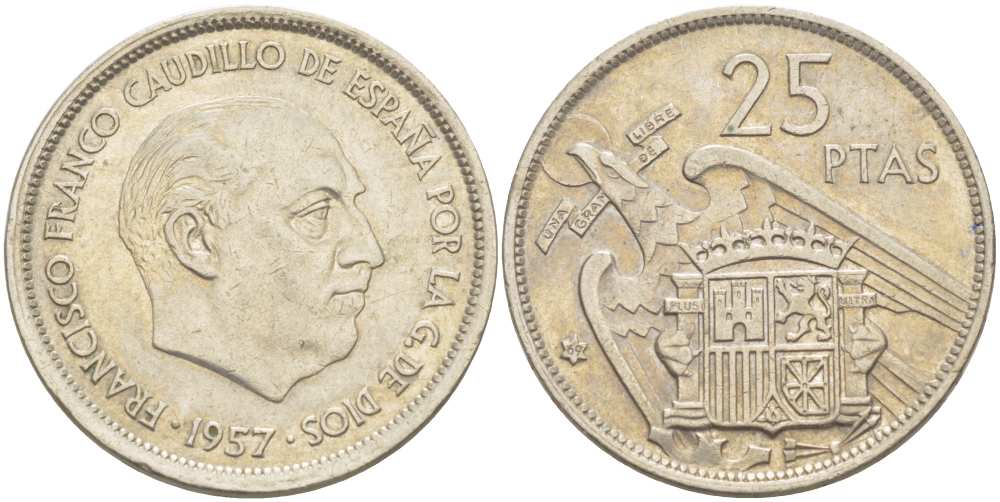 ИСПАНИЯ 25 ПЕСЕТ 1957 (69) ФРАНСИСКО ФРАНКО ДИКТАТОР ИСПАНИИ (1939-1975) KM 787 медно-никель 215-426
