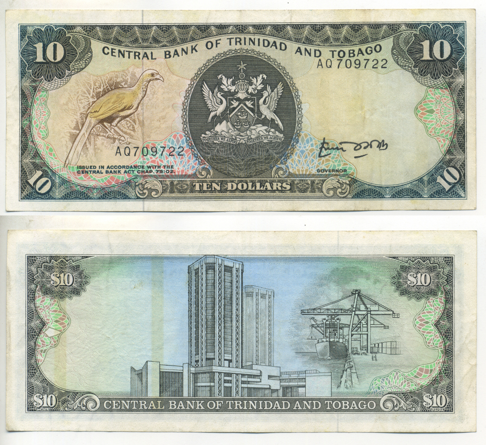 ТРИНИДАД И ТОБАГО 10 ДОЛЛАРОВ 1985 ПОДПИСЬ 4 Pick 38а бумага 3295-110-1