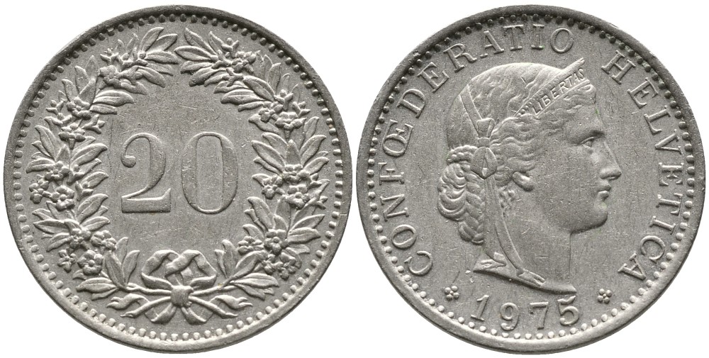 Швейцария 20 раппенов 1975 KM 29а медно-никель 4539-622