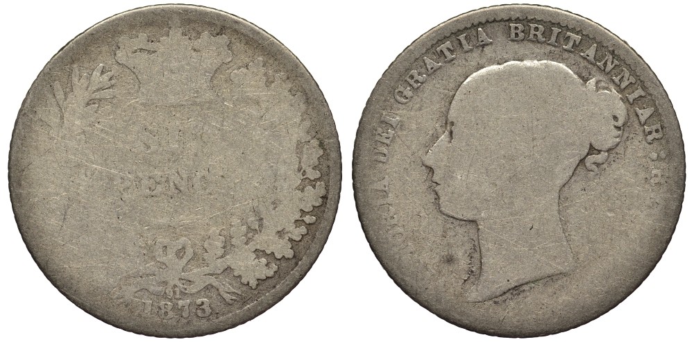 Великобритания 6 пенсов 1873 Виктория (1837-1901) KM 751.1, Spink 3910 серебро 4538-1156