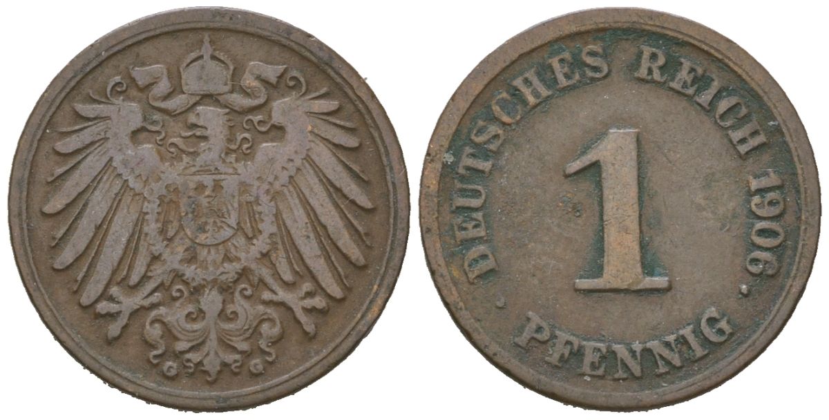 Германия 1 пфенниг 1906 G, Вильгельм II (1888-1918) KM 10, J. 10, Weege 2 медь 4615-223