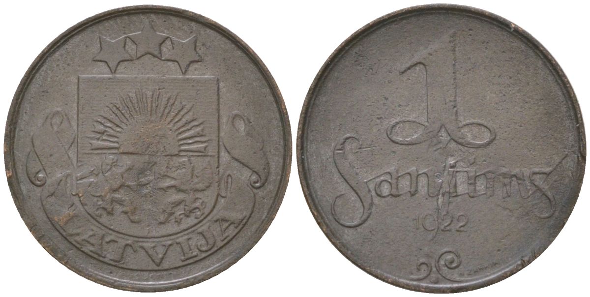 Латвия 1 сантим 1922 очень редкий год KM 1 бронза 4613-1129