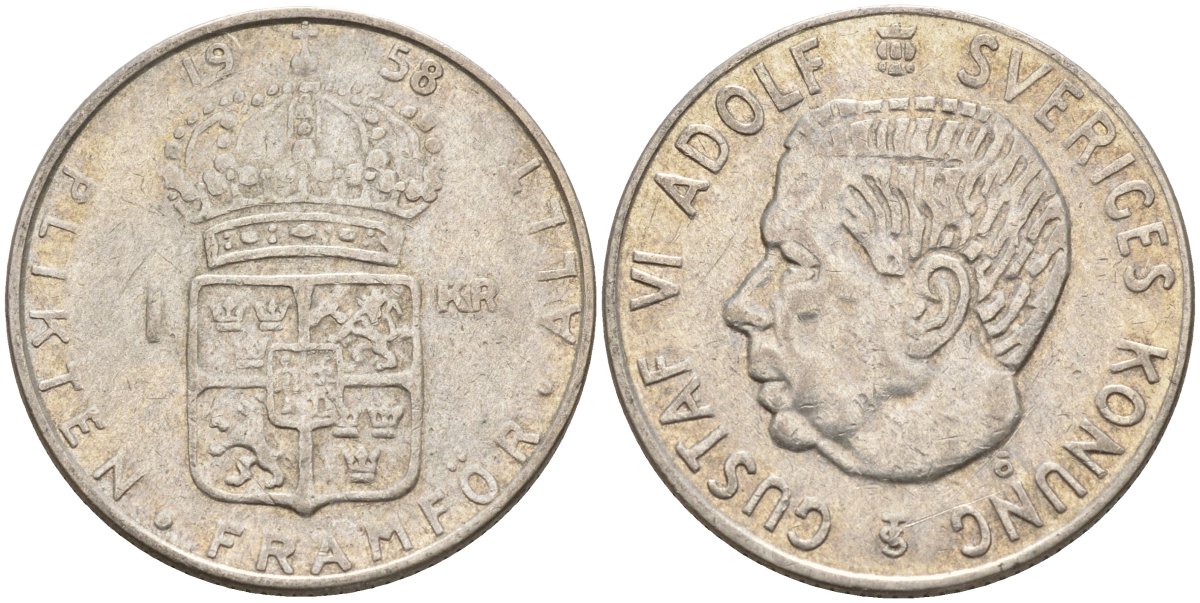 Швеция 1 крона 1958 TS, Густав VI Адольф (1950-1973) KM 826 серебро 4148-1157