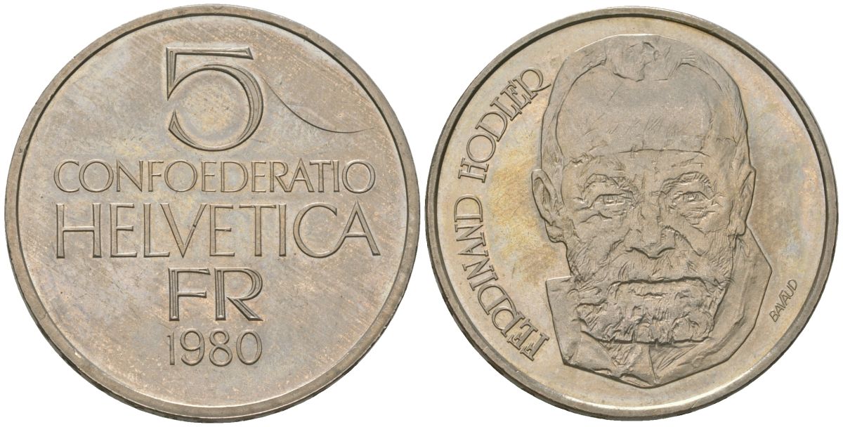 Швейцария 5 франков 1980 Фердинанд Ходлер - художник KM 59 медно-никель  BUNC  4593-1243