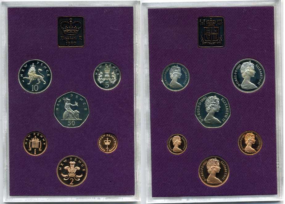 Великобритания официальный набор из 6 монет + жетон монетного двора 1980 в оригинальной пластиковой упаковке, с сертификатом KM PS 36 PROOF 3-6-4-19