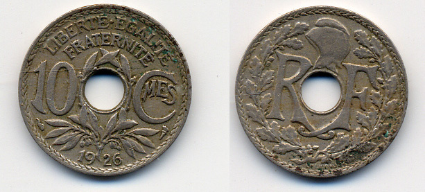 ФРАНЦИЯ 10 САНТИМОВ 1926 ТИП ЛИНДАЙЁ KM 866а, LE FRANC 138.13 медно-никель 4388-844