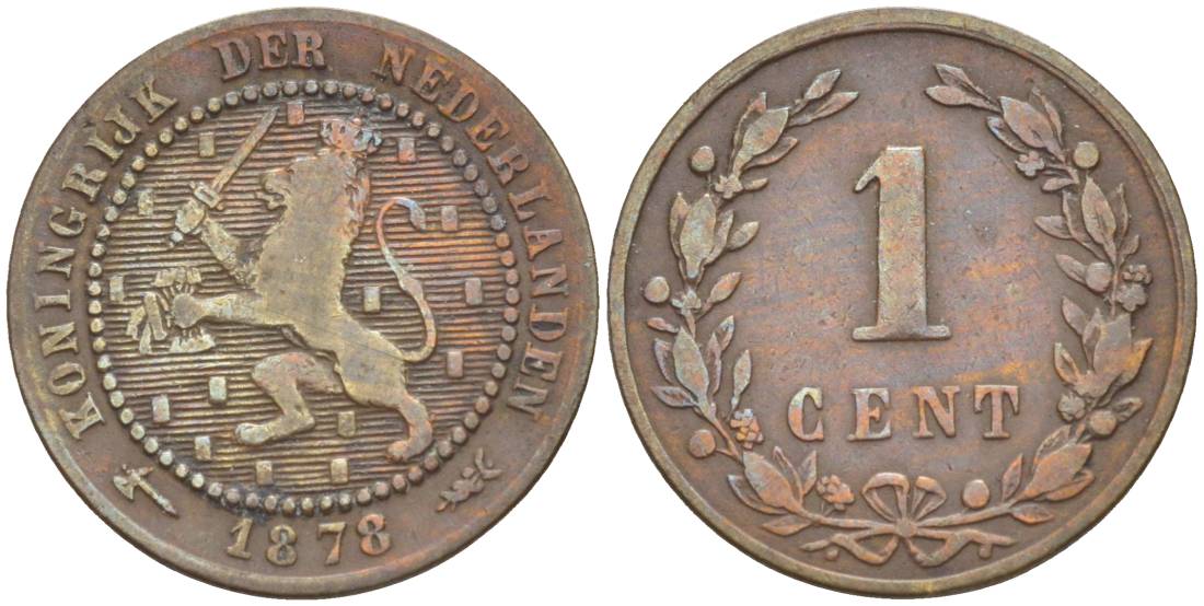 Нидерланды 1 цент 1878 Виллем III (1849-1890) KM 107 бронза 4547-1255