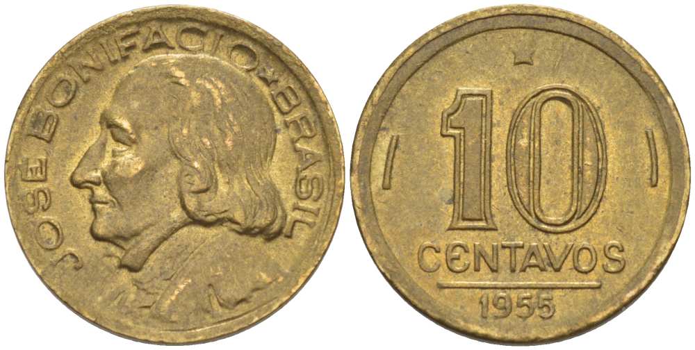 БРАЗИЛИЯ 10 СЕНТАВО 1955 ЖОЗЕ БОНИФЦИУ- ОТЕЦ НЕЗАВИСИМОСТИ KM 561 алюминиевая бронза 4514-452